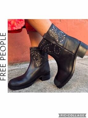 Free People Ankle Boots Harmony Black Distressed Studded Grunge Moto Biker core